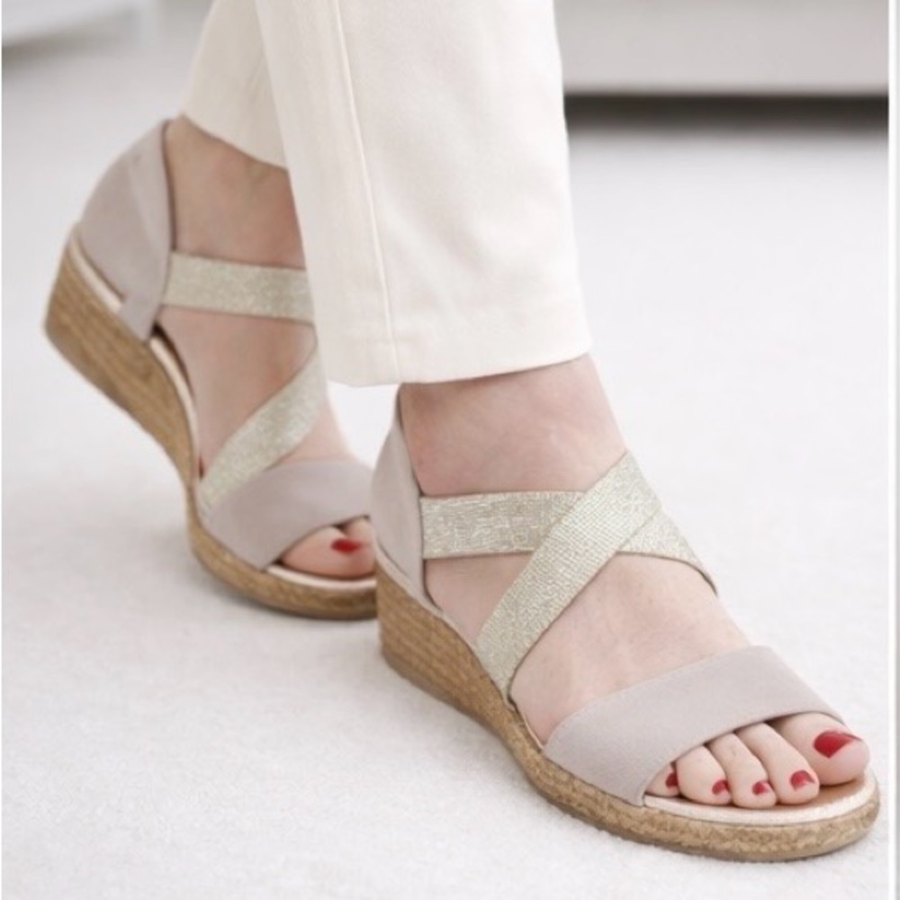 Elegant Beige and Gold Wedge Sandals